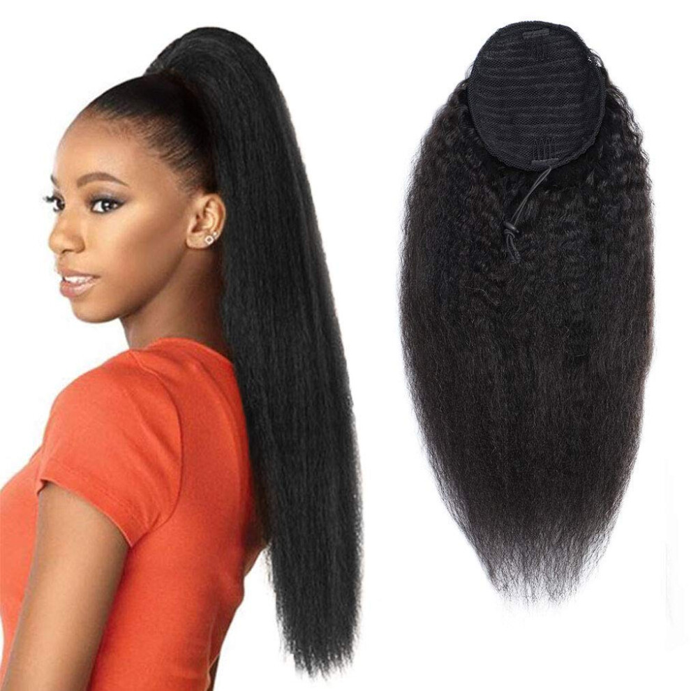 Unisex 22 Inch Kinky Straight Human Hair Ponytail Extension Natural Color 1B With Secure Drawstring