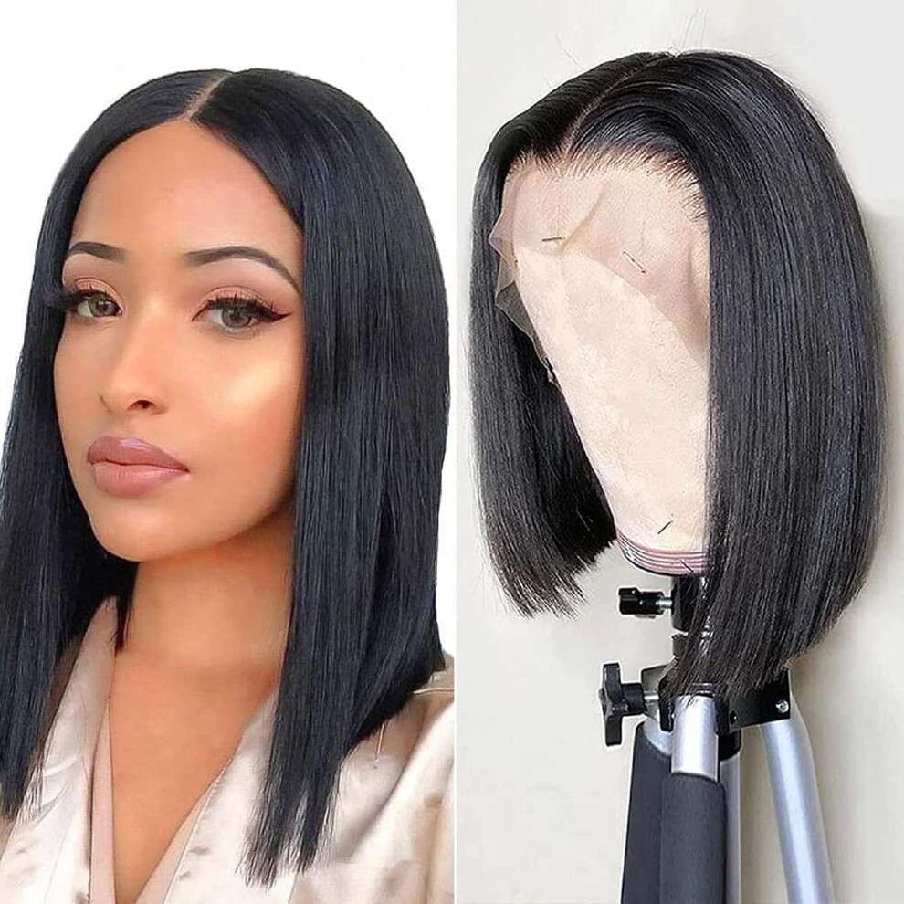 Unisex Black Human Hair Lace Front Bob Wig 13X4 Glueless Pre Plucked Natural Hairline Straight 12 Inch