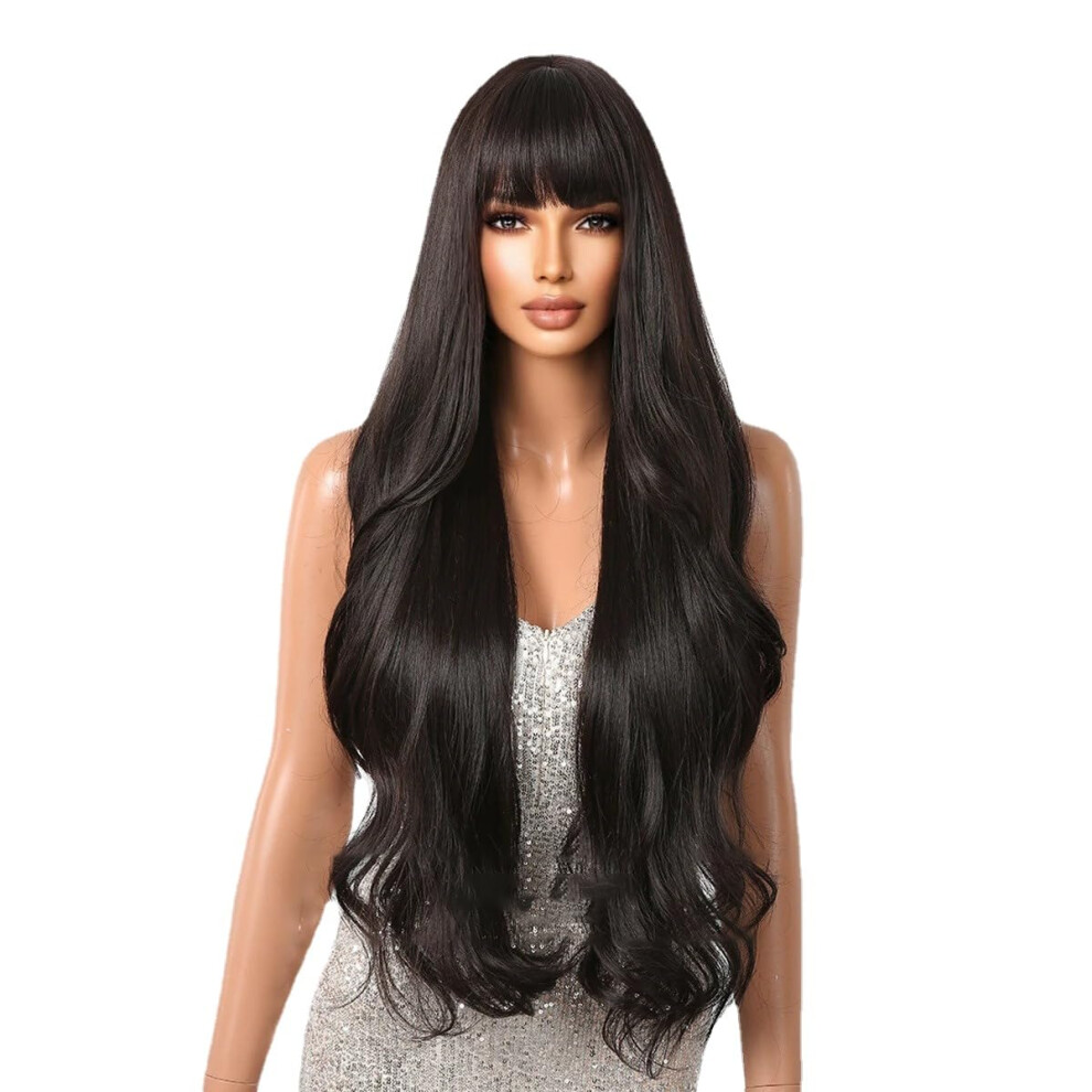 30 Inch Black Curly Wig with Bangs for Women, Heat Resistant Synthetic Wavy Cosplay Wig