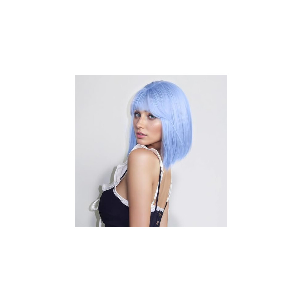 Light Blue Bob Wig with Bangs for Women Synthetic Shoulder Length Blue Cosplay Wig Versatile Styling