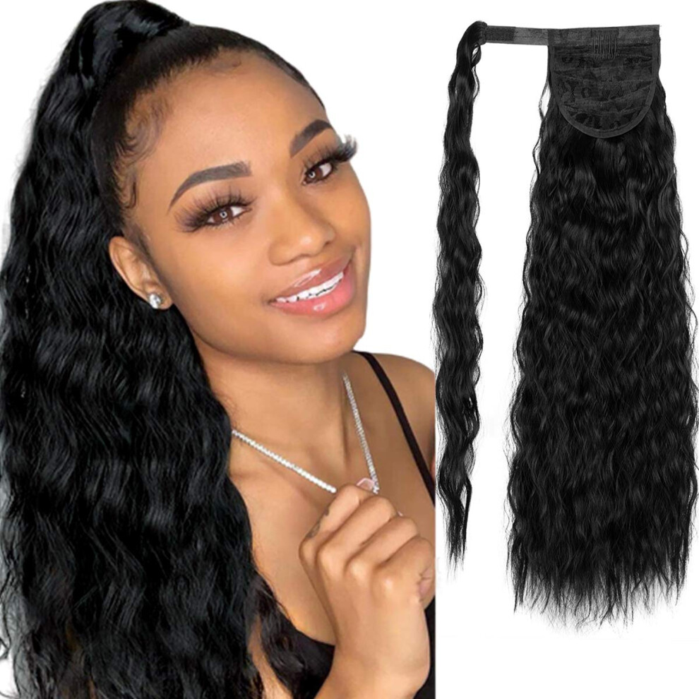 Unisex Black Ponytail Hair Extension 22 Inch Kinky Curly Clip In Synthetic Yaki Hairpiece Dark