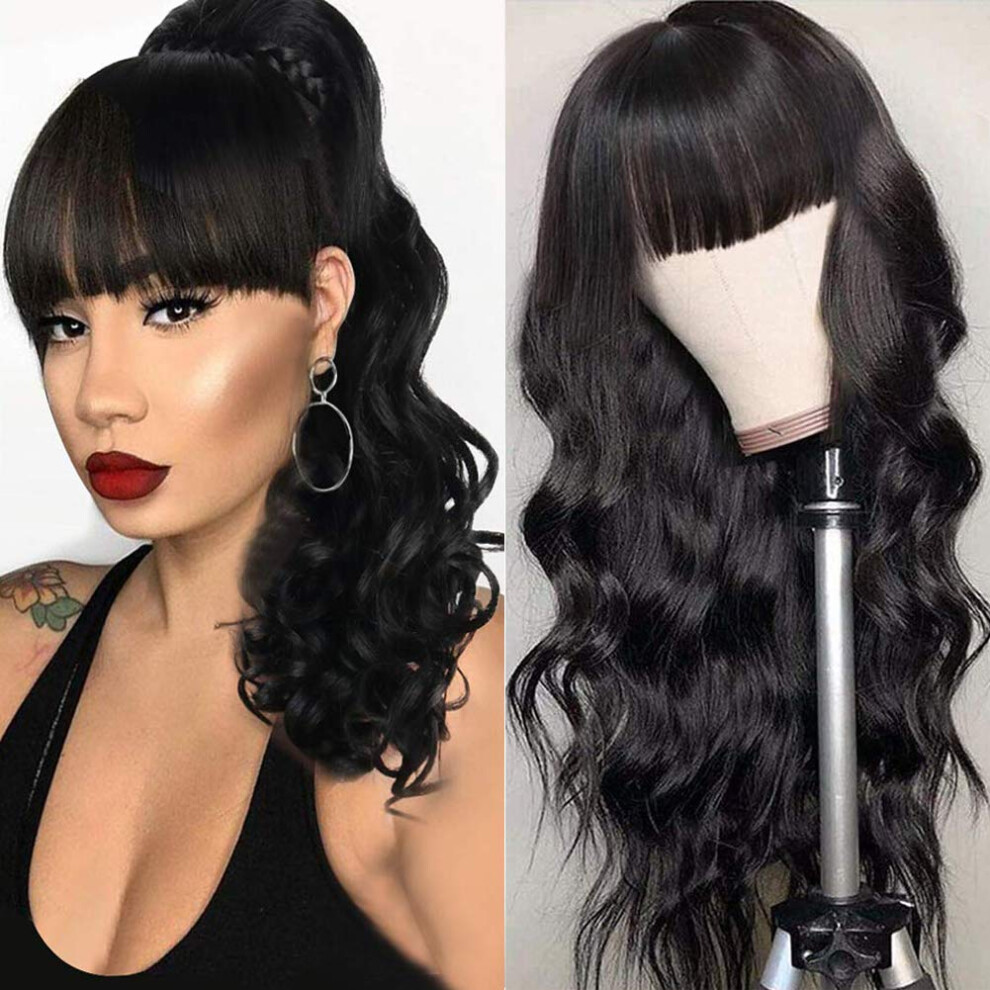 Brazilian Body Wave Human Hair Wig with Bangs 24 Inch Virgin Hair 130% Density for Women