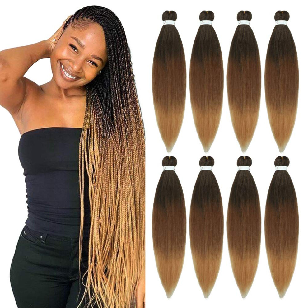Unisex 8 Packs 26 Inch Ombre Pre Stretched Braiding Hair, Yaki Texture Synthetic Crochet Braids With Beads