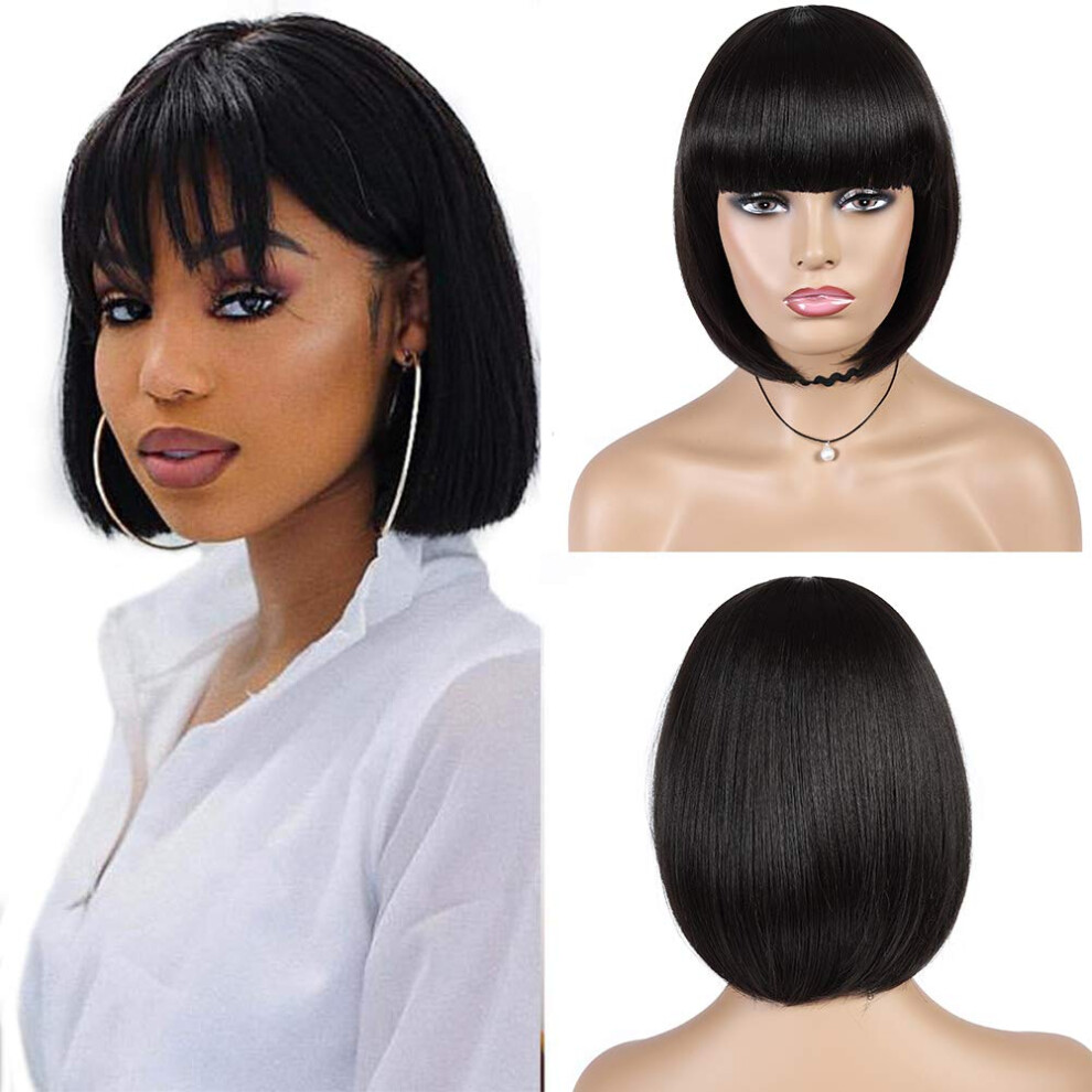 Human Hair Wigs with Bangs 4x4 Lace Closure Short Bob 150 Density Brazilian Straight Wig for Women