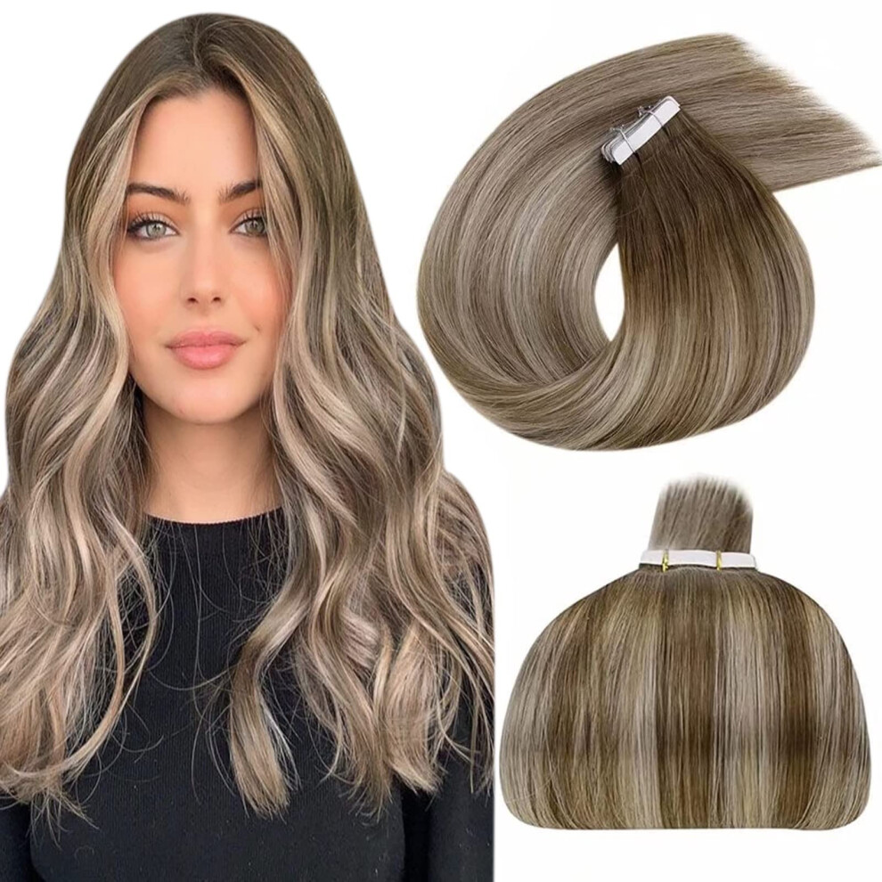 Unisex Brown Balayage Blonde Tape In Hair Extensions Remy Human Hair Ombre Light To Blonde 16In 20Pcs