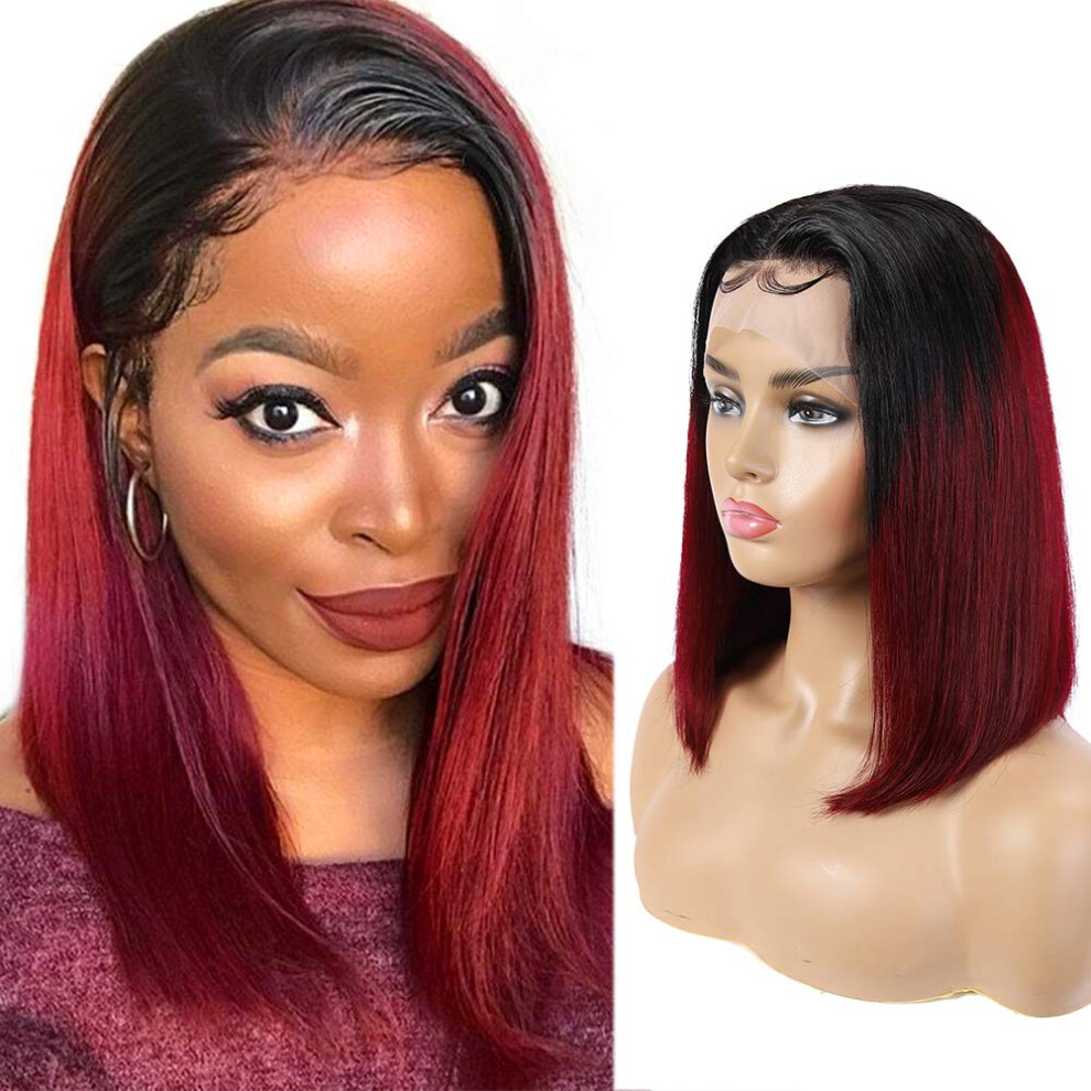 Unisex Red Short Bob Lace Front Wig Human Hair, Ombre 1B 99J Burgundy Brazilian Straight, Pre Plucked Natural Hairline With Baby Hair, 12 Inch