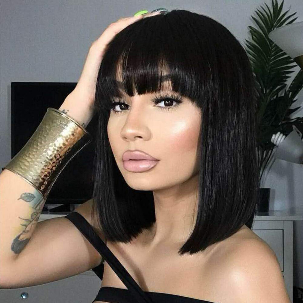 Unisex Human Hair Bob Wig With Bangs Glueless 14 Inch Straight Dyable Virgin Hair For Women 1B