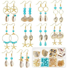 1 Box 10 Pairs DIY Turquoise Dangle Earrings Kit with Natural Shell & Glass Beads, Ocean Charms for Jewelry Making, Beginners, Women, Summer Craft