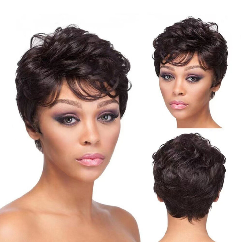 Unisex Black Short Curly Wig With Headband For Women, Mixed Fiber & Human Hair, High-Temperature Silk, Small Curly Style, Clearance Deals