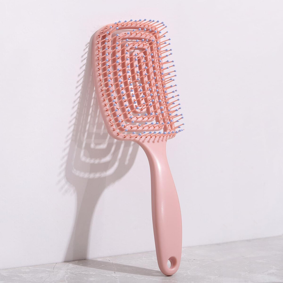 Pink Detangling Hair Brush For Wet And Dry Hair, Boar Bristle Curved Design, Pain Fast Drying Brush