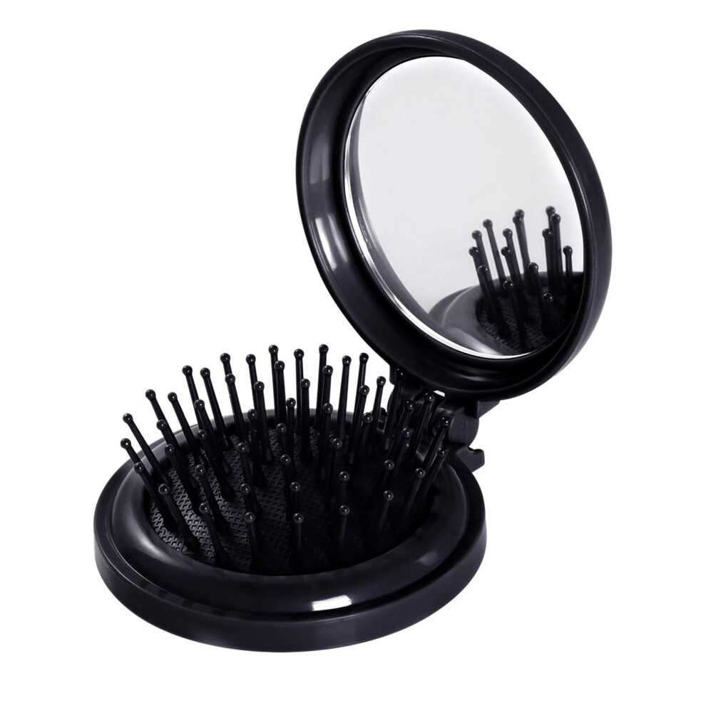 Black Folding Hair Brush with Mirror Compact Travel Size Pocket Hairbrush for Women and Girls