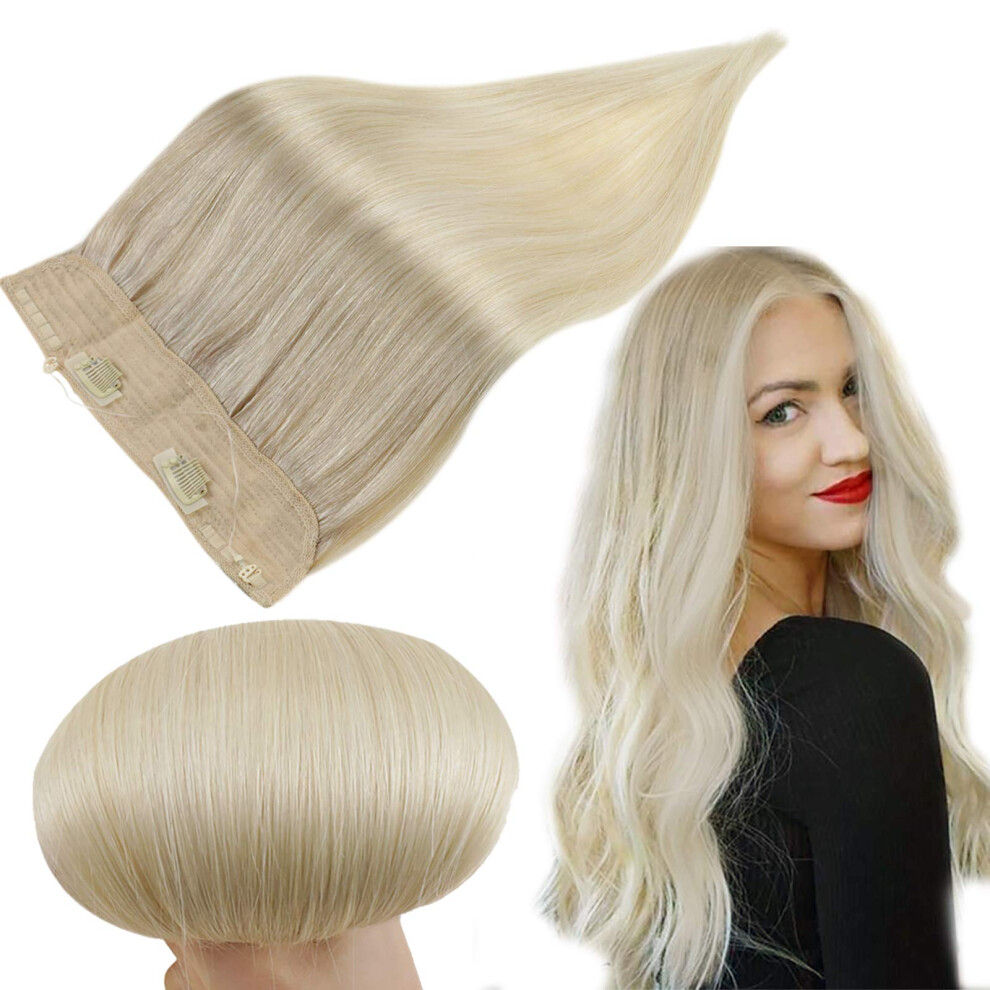 Unisex Silver Halo Hair Extensions 16 Inch Ash Blonde To Platinum Balayage Remy Human Hair With Invisible Wire