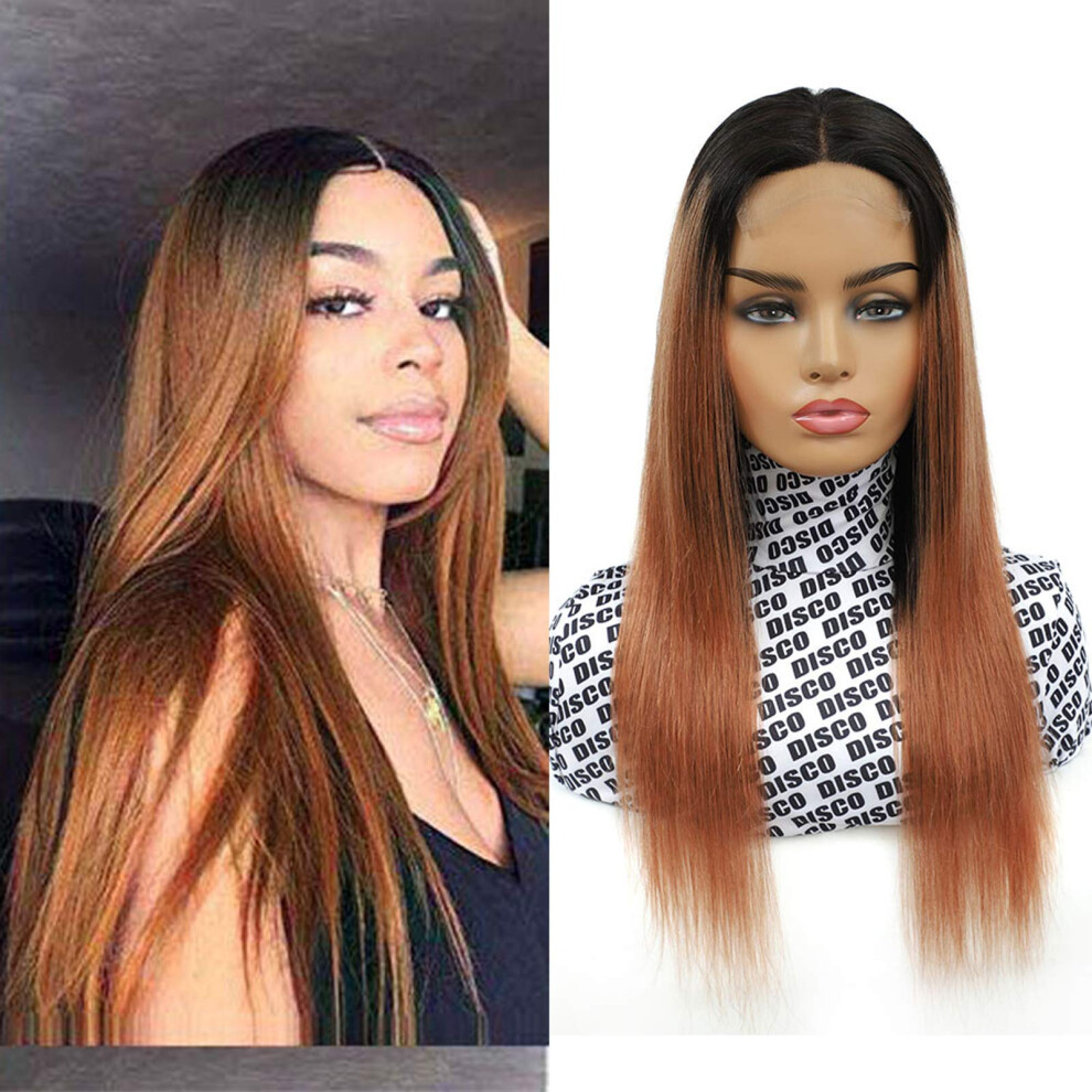Unisex Brown Human Hair Lace Front Wig Ombre Brazilian Remy 4X4 Lace Closure Pre Plucked 18 Inch