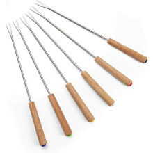 Conjunto de 6 garfos para fondue em aço inoxidável com cabo de madeira resistente ao calor, 24 cm.