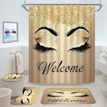 Welkom bij de chique douchegordijnset met wimpermotief, 4-delige badkamerset voor meisjes, compatibel met SETMYTE26, 72"x72" polyester met haken.