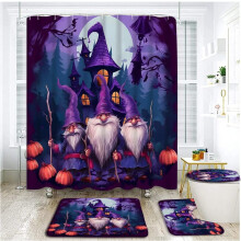 4-delige paarse Halloween doucheset met badmatjes, toiletbrilhoes en haken - passend bij het Spooky Jungle Night design
