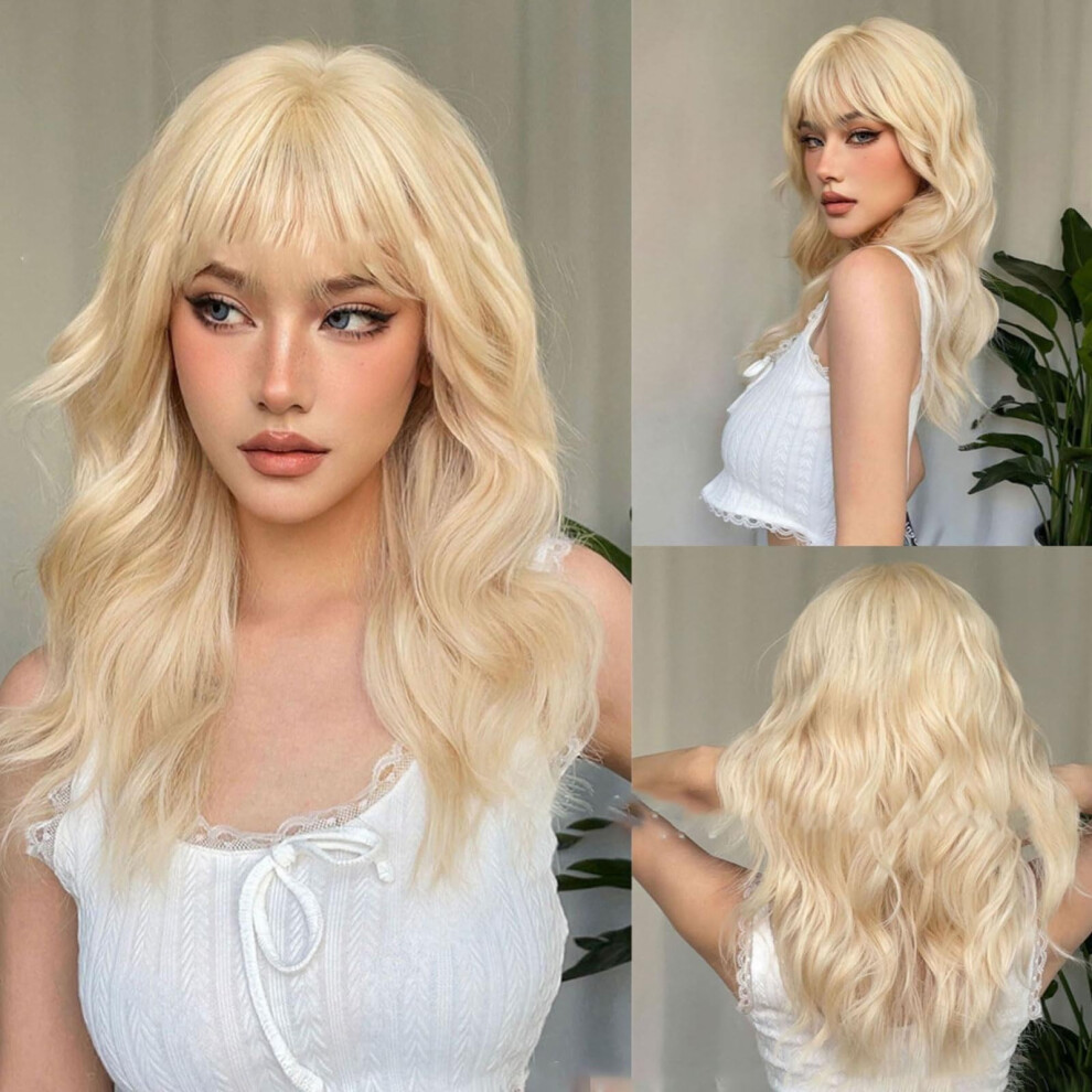 Wavy Synthetic Headband Wig 20 Inch for Women with Bangs, Natural Texture Fiber, Heat Resistant
