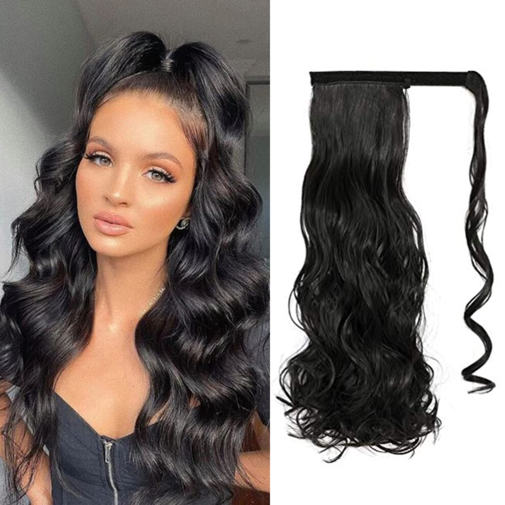 22 Inch Wavy Clip In Ponytail Extension Black Wrap Around Synthetic Hair for Instant Volume