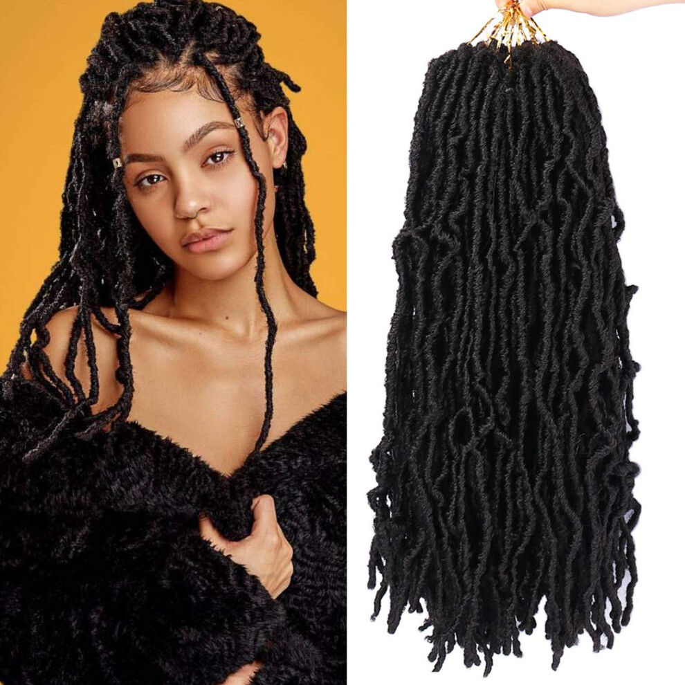 Unisex 18 Inch Prelooped Goddess Locs Crochet Hair Extensions, Natural Wavy Faux Locs 1B, 7 Packs