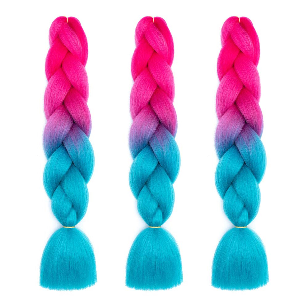 Unisex Blue,Red Ombre Jumbo Braiding Hair Extensions 24 Inch Heat Resistant Synthetic For Twists Peach Red To Lake Blue