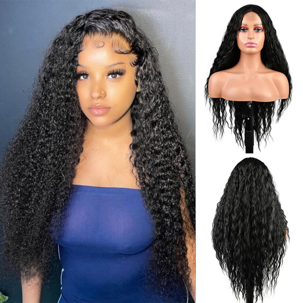 Deep Wave Lace Front Wig 26 Inch Long Curly Fake Scalp Wig for Black Women Natural Black 1B
