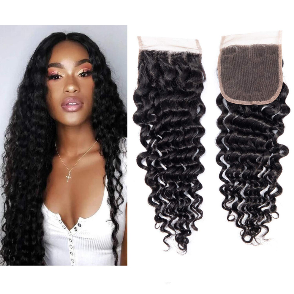 Brazilian Virgin Human Hair Deep Wave Lace Closure 4x4 Natural Color 130 Density 12 Inches