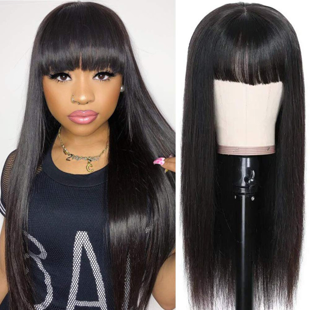 Unisex Straight Human Hair Wig With Bangs 150% Density Glueless Brazilian Virgin Hair 24Inch Natural Color