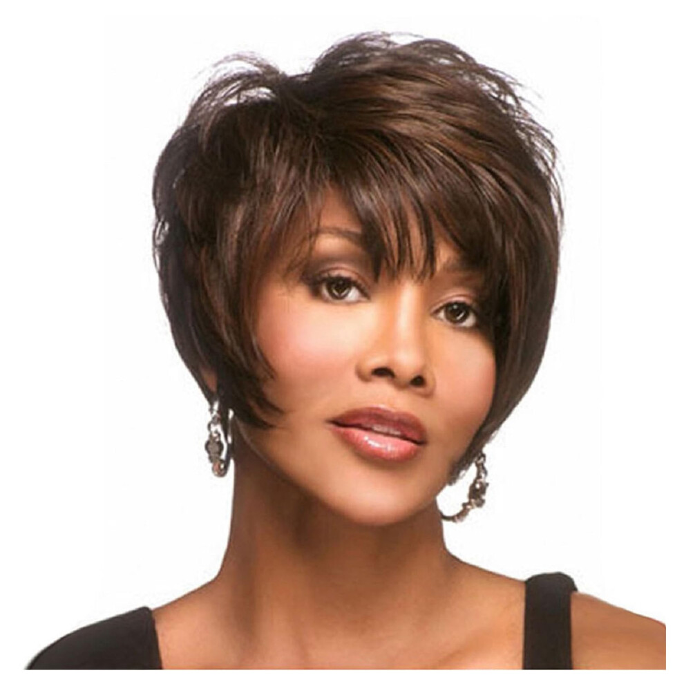 Unisex Brown Short Curly Bob Wig With Bangs Dark Synthetic Hair, Natural Pixie Style, Lightweight Fit