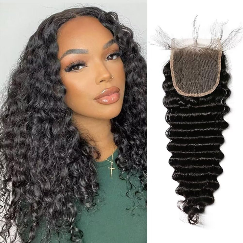 16 Inch Deep Wave Lace Closure Brazilian Human Hair, Natural Black 4x4 Swiss Lace with Defined Deep Waves