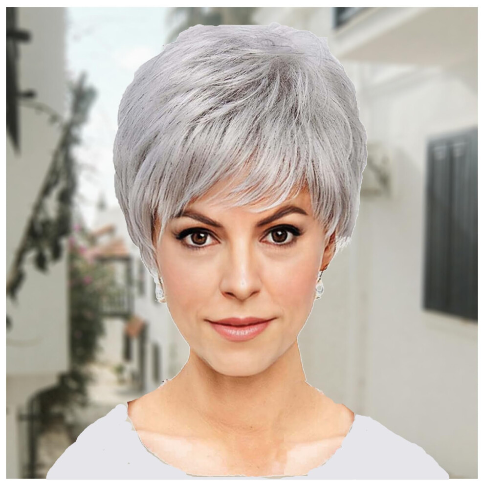 Short Grey Wig for Women Human Hair Short Curly Bob with Bangs Natural Pixie Style Adjustable Fit