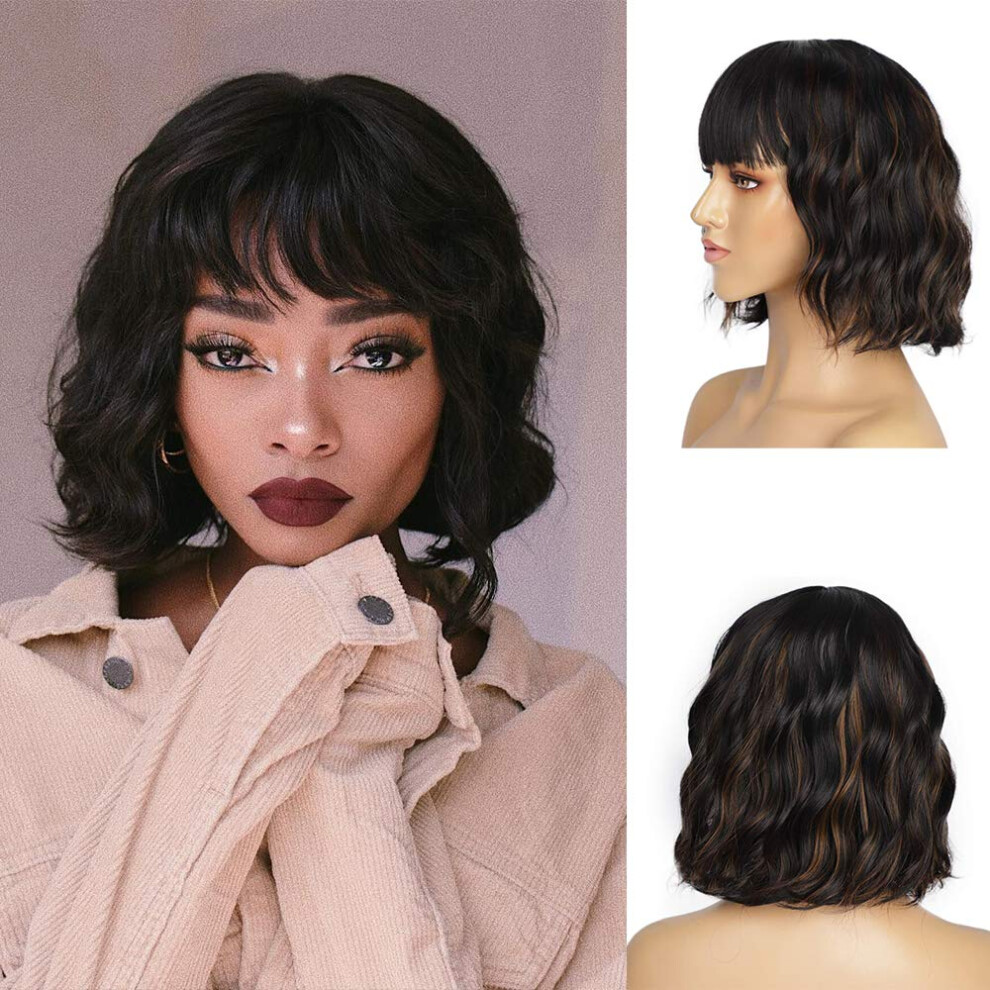Unisex Black,Brown Bob Wig With Bangs Short Wavy Synthetic Highlighted Bob For Women Black Mixed Brown