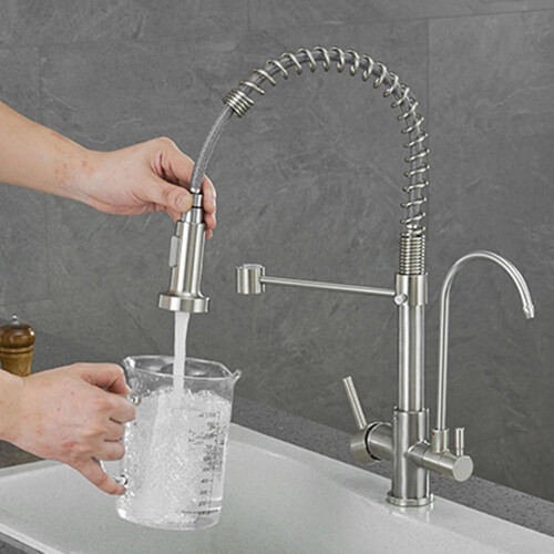 Kitchen Spring Water Filter Faucet with Double Handle, Black Pull Down Mixer Tap 1