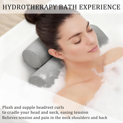Bath Pillow with Head Neck Back Support, QuickDry Waterproof Mesh, Secure Suction Cups, Grey 1