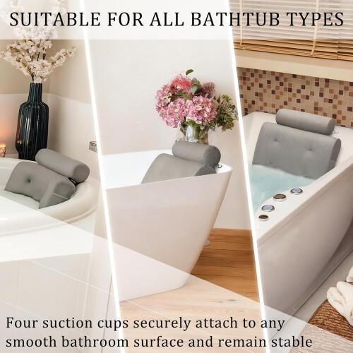 Bath Pillow with Head Neck Back Support, QuickDry Waterproof Mesh, Secure Suction Cups, Grey 2