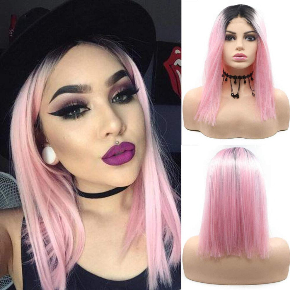 14 Inch Ombre Pink Bob Wig Black to Pink Straight Heat Resistant Fiber with Natural Hairline for Party