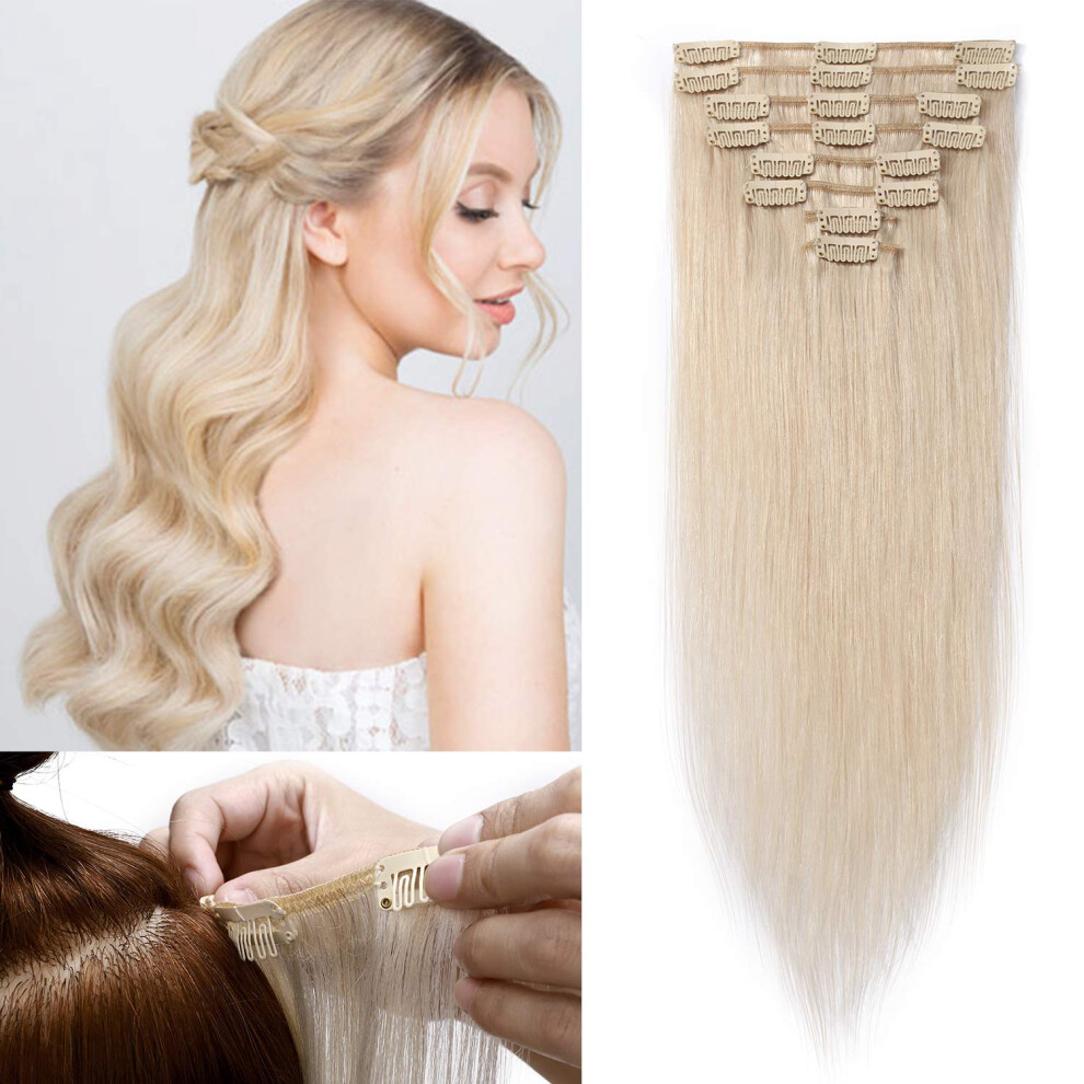 Unisex White Clip In Human Hair Extensions 24 Inch Blonde Remy Full Head 80G Silky Straight Seamless Blend