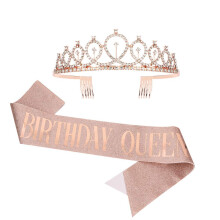 Rose Gold Birthday Tiara and Sash Set for Women Girls, Rhinestone Crown, Birthday Queen Fit