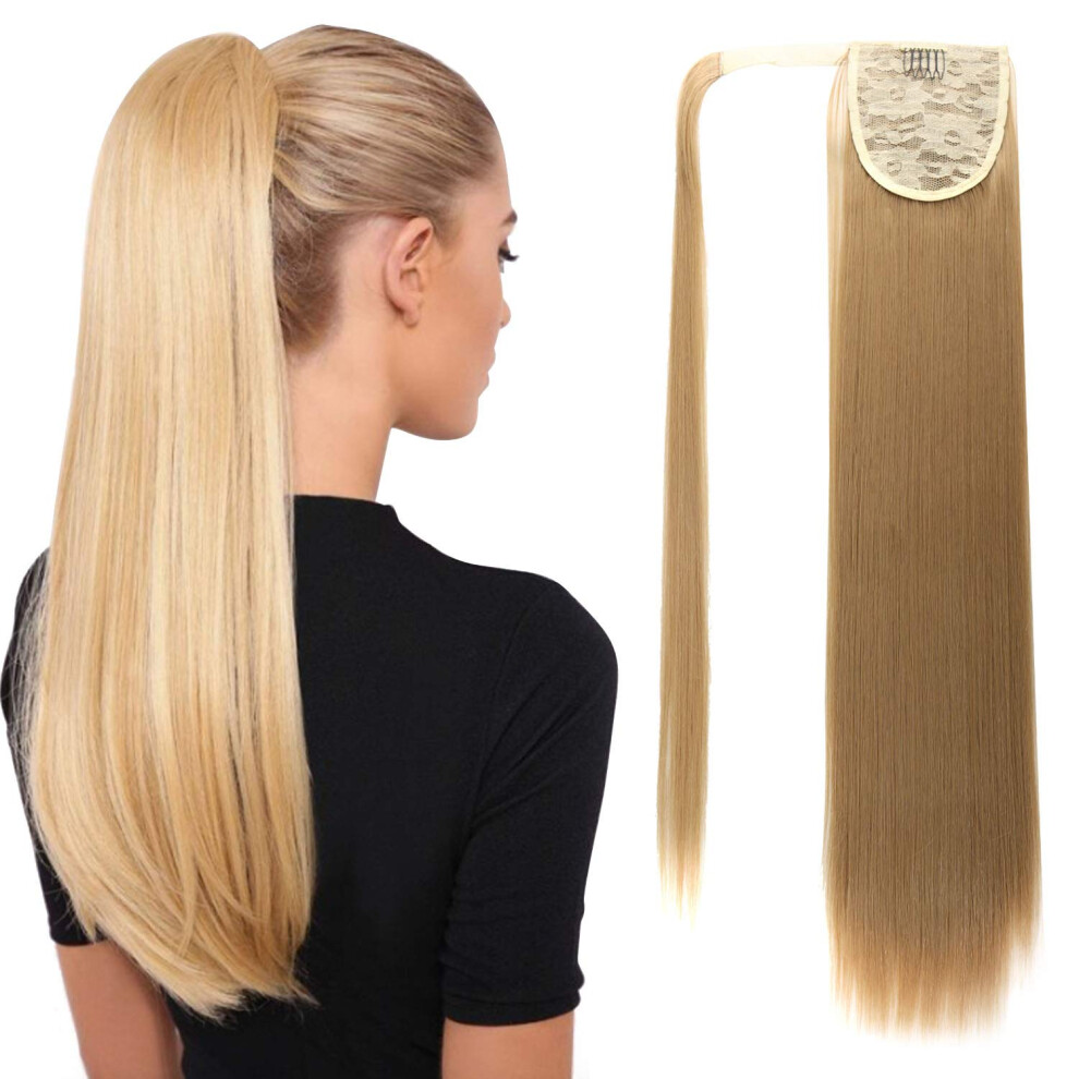 Clip in Ponytail Extension 22 Inch Straight Wrap Around Synthetic Hairpiece Heat Resistant Ash Blonde