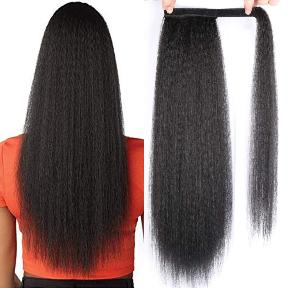 Long Kinky Straight Ponytail Extension 24 Inch Yaki Synthetic Clip In Wrap Around for Black Hair
