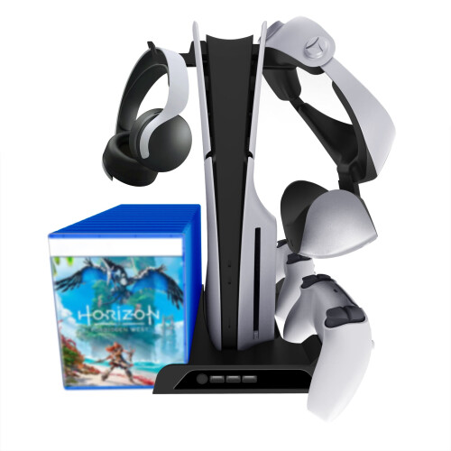 Base di raffreddamento per console PS5 Pro/Slim, supporto verticale di raffreddamento, stazione di ricarica per controller con supporto per cuffie e 1
