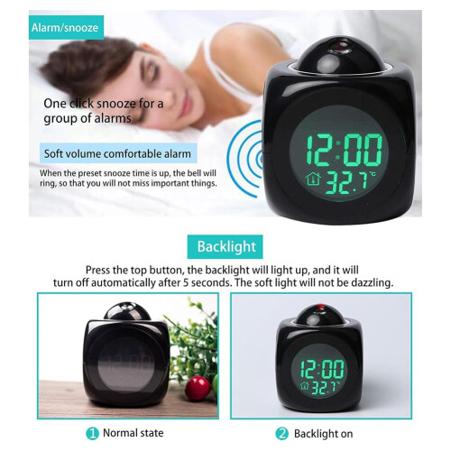 Projection Electronic Clock, English Clock Projection Clock Multi-Function Alarm Clock, LCD Projection Alarm Clock White 2
