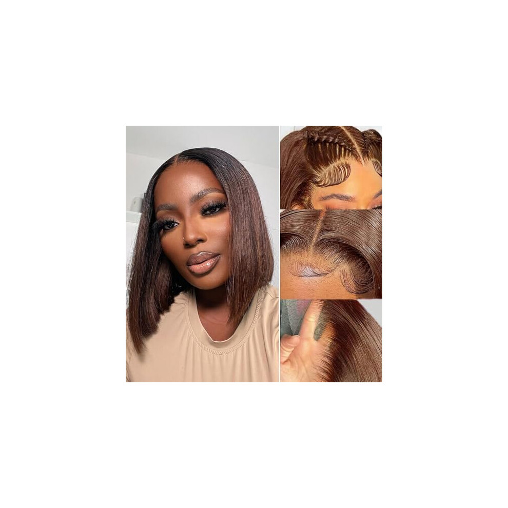 Chocolate Brown 13x4 Lace Front Bob Wig Brazilian Virgin Human Hair Silky Straight 180% Density
