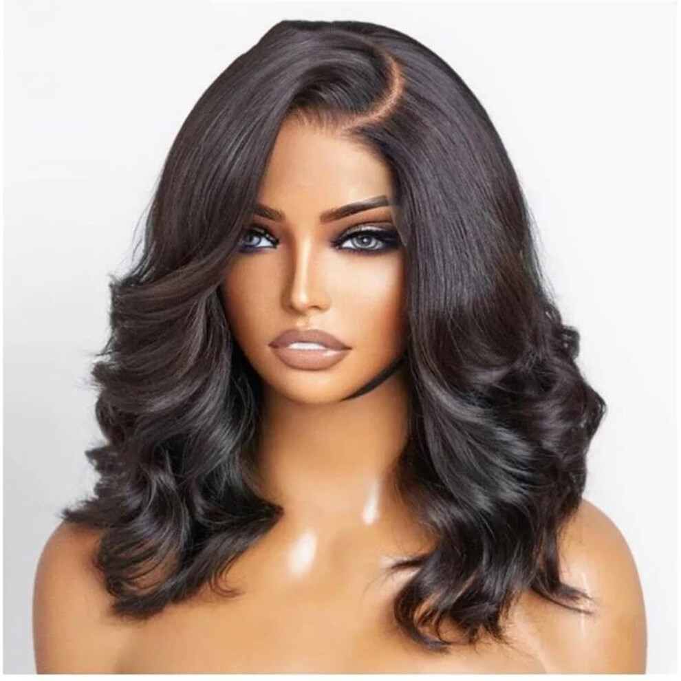 Unisex 16 Inch Wavy Brazilian Lace Front Human Hair Bob Wig For Women Preplucked Natural Hairline