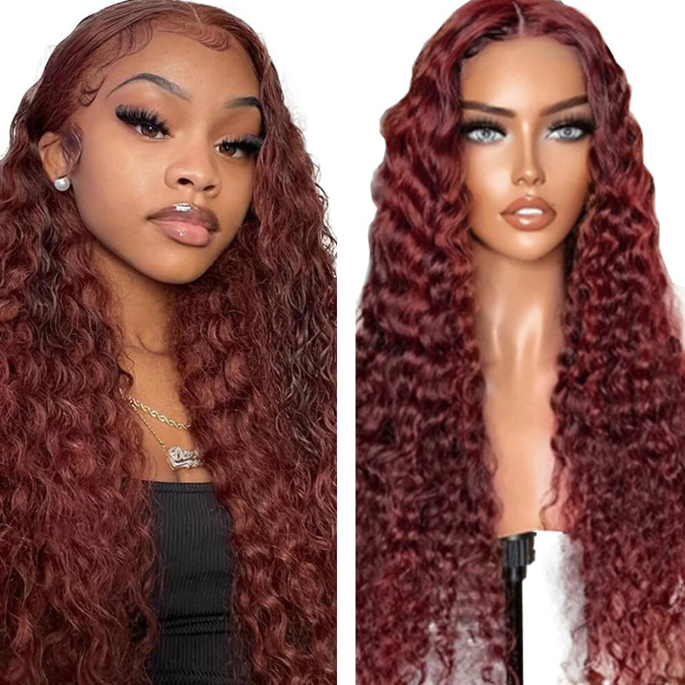 Reddish Brown Deep Wave Human Hair Lace Front Wig 24 Inch Pre Plucked With Baby Hair 150% Density