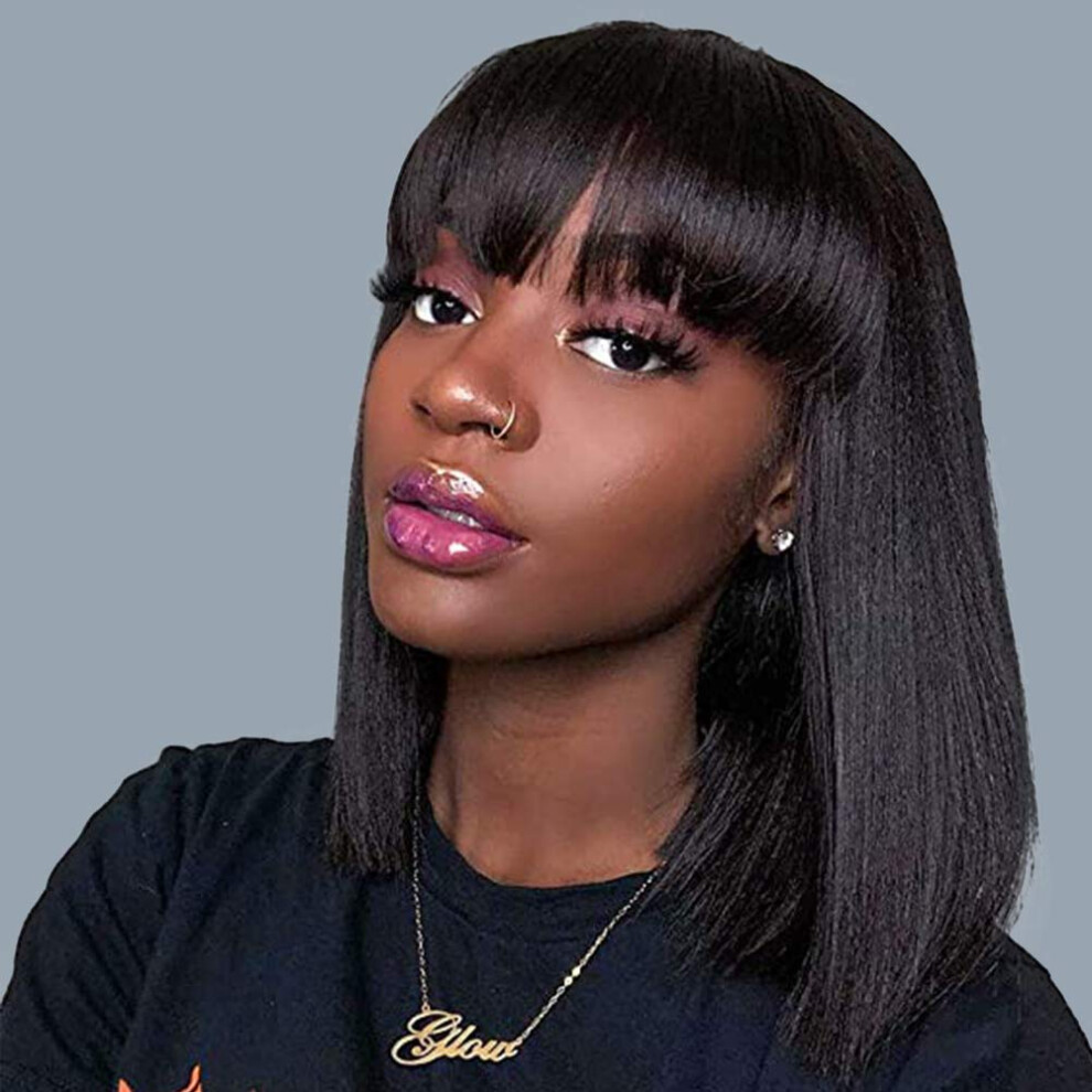Unisex Black Straight Bob Wig With Bangs Heat Resistant Synthetic Fiber Natural Looking Wig For Women 1B