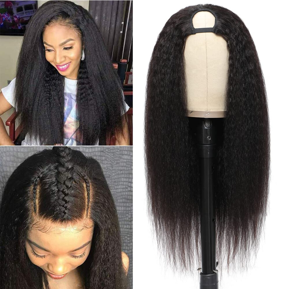 18 Inch Kinky Straight U Part Wig Human Hair for Black Women Natural Hairline Blend