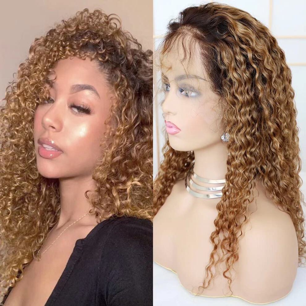 13x4 Ombre Curly Human Hair Lace Front Wig PrePlucked Natural Hairline 150 Density 18 Inch