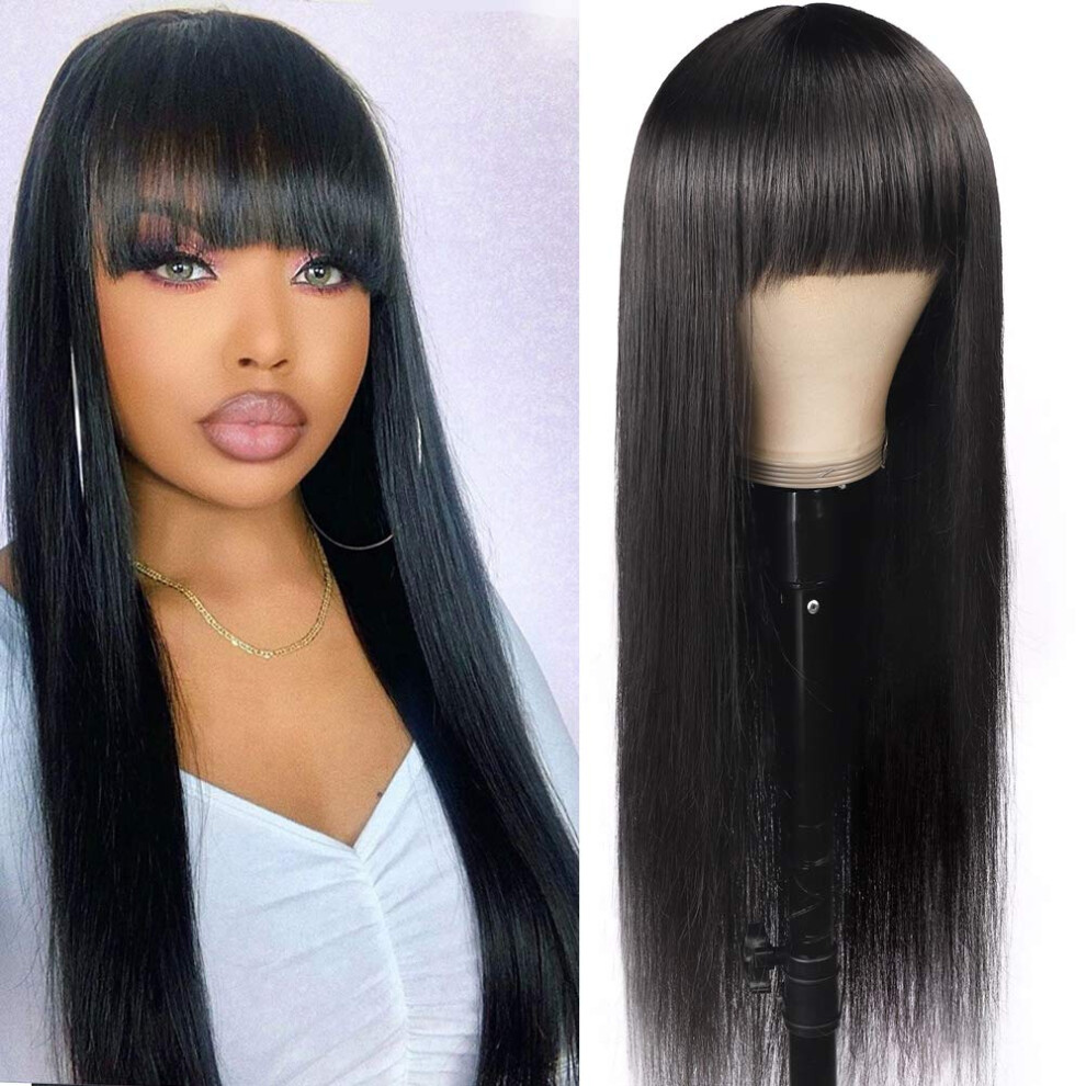 Unisex Black Glueless Brazilian Straight Human Hair Wig With Bangs 100% Virgin Natural 24Inch