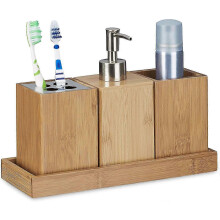 Bamboo Bathroom Accessories Set: Toothbrush Holder, Soap Dispenser & Tray, Natural