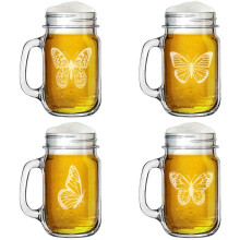 16oz Mason Jar Glass Mug w/Handle Gift Set of 4 Butterfly Collection